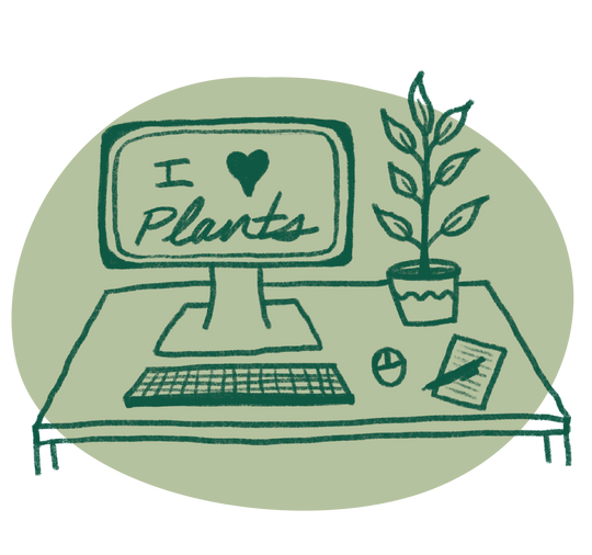 Illustration of desk & computer with plant